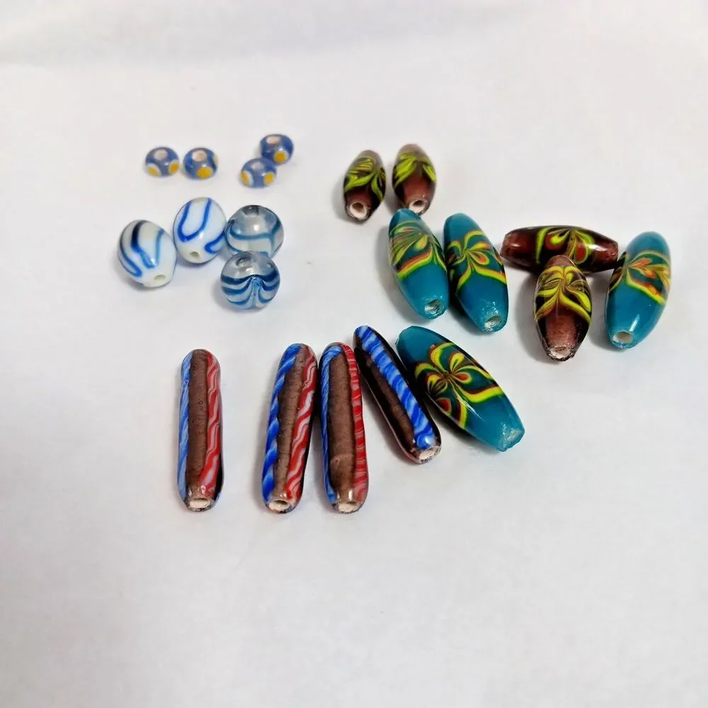 20 Glass Lampwork Beads Lot Mixed Swirls Blue White Red Wide Hole Used Vintage